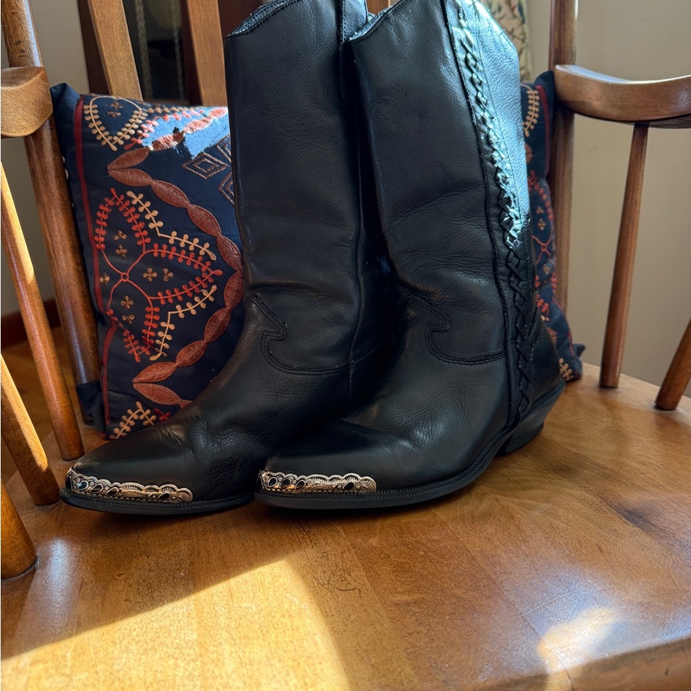 Leather Boots Western Vintage Cowboy Cowgirl Black Zodiac 90s Silver Onyx - Picture 3 of 14